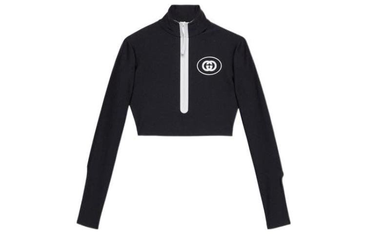 (Women) Gucci FW22 Black Logo Print Half-Zip Slim Knit Sweater 688615-XJD6D-1070