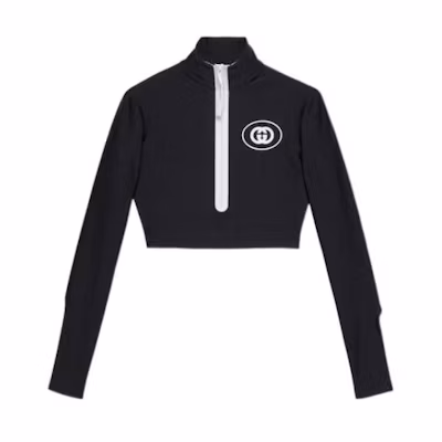 (Women) Gucci FW22 Black Logo Print Half-Zip Slim Knit Sweater 688615-XJD6D-1070