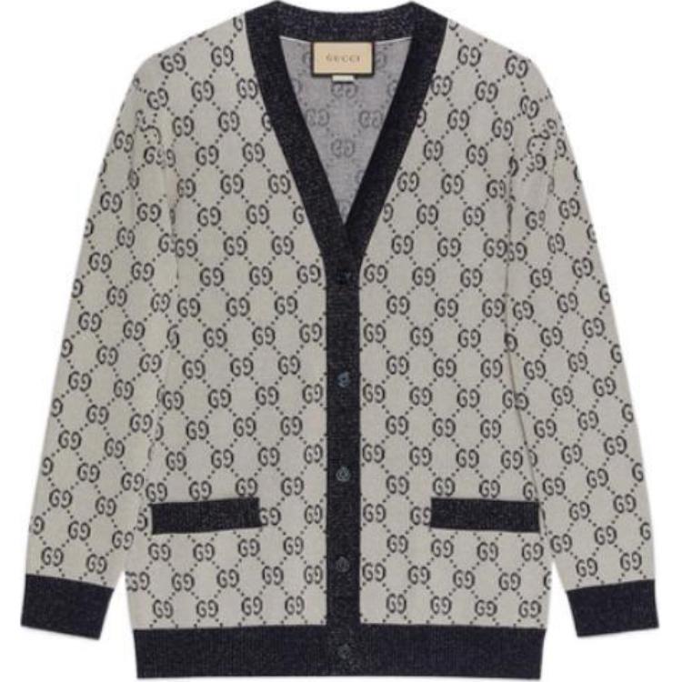 (Women) Gucci FW22 Black Logo Print Knit Cardigan Sweater 692727XKB54