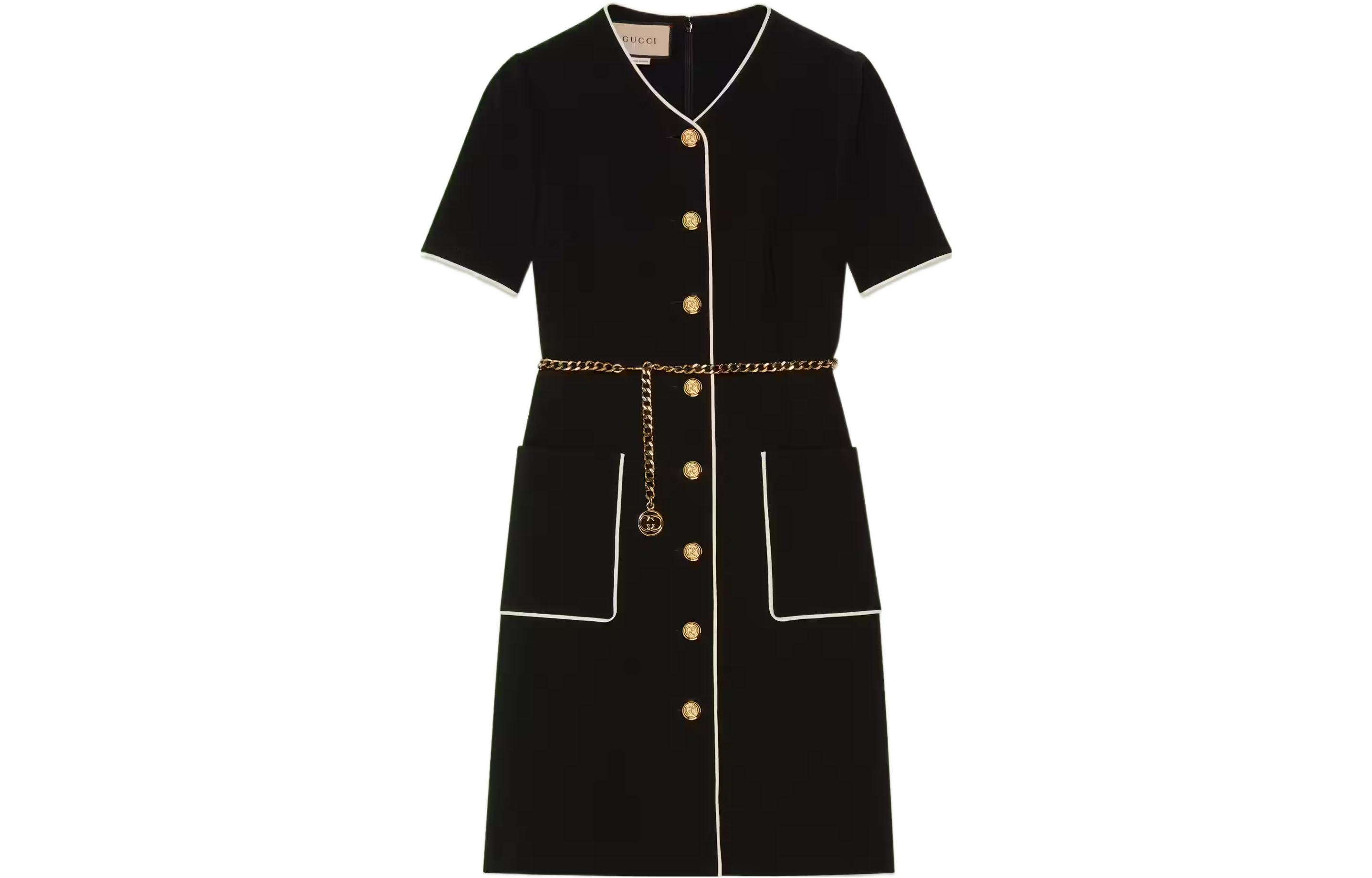 (Women) Gucci FW22 Black Short-Sleeve Dress with Chain Trim 693043-XJD8W-1032