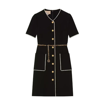 (Women) Gucci FW22 Black Short-Sleeve Dress with Chain Trim 693043-XJD8W-1032