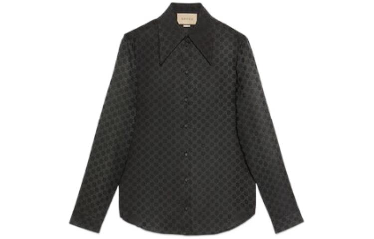 (Women) Gucci FW22 Black Silk Long Sleeve Monogram Sun Protection Shirt 720539-ZAISQ-1000