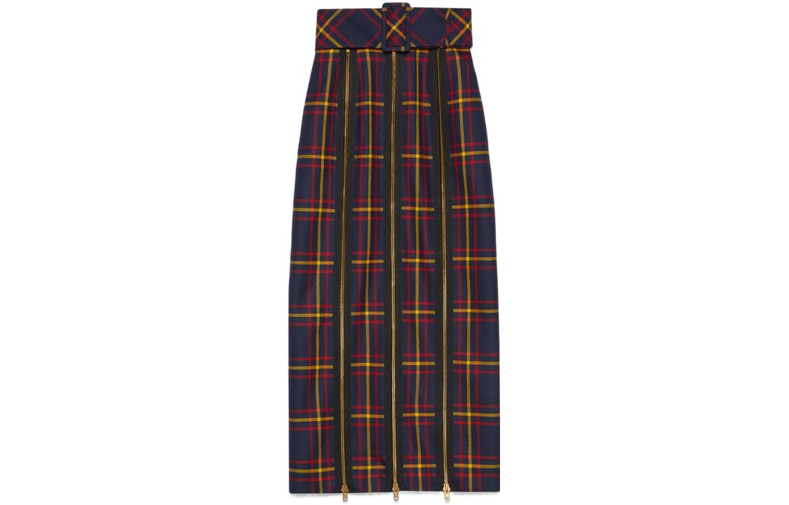 (Women) Gucci FW22 Blue Plaid Belted High-Waisted Long Skirt 711750-ZAKFU-1149