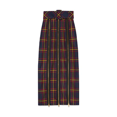 (Women) Gucci FW22 Blue Plaid Belted High-Waisted Long Skirt 711750-ZAKFU-1149