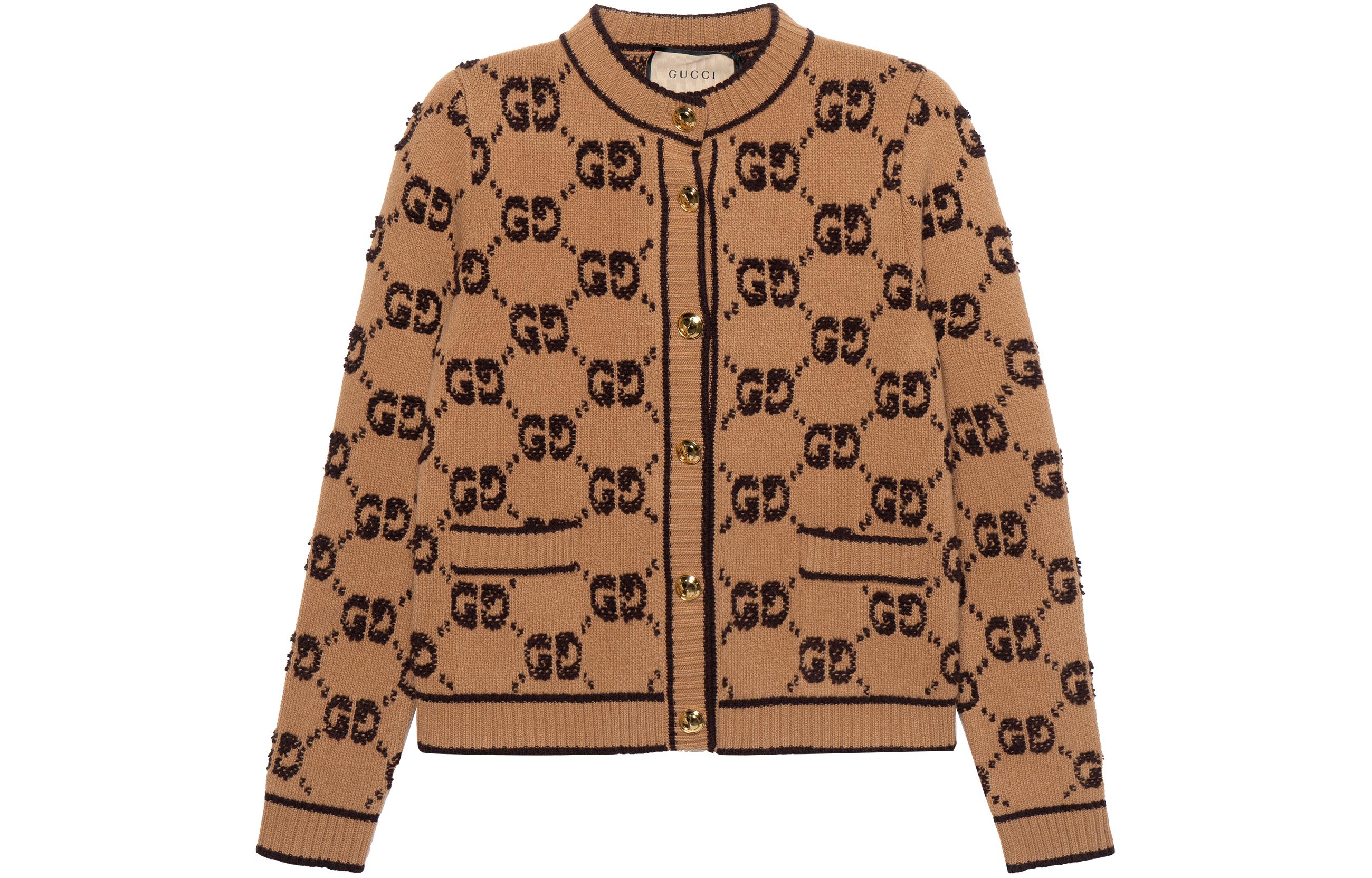 (Women) Gucci FW22 Brown Logo Pattern Knit Cardigan 713300-XKCNA-2668