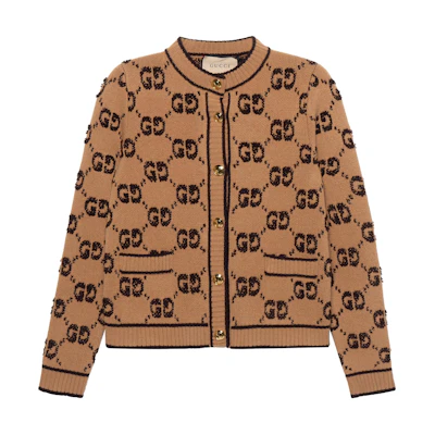 (Women) Gucci FW22 Brown Logo Pattern Knit Cardigan 713300-XKCNA-2668