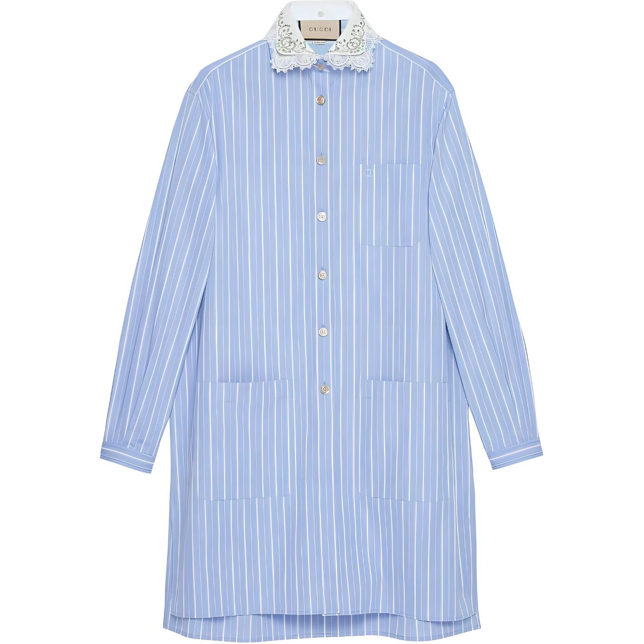 (Women) Gucci FW22 Embroidered Collar Striped Long Sleeve Dress Blue for Women 705696-ZAJG2-4573