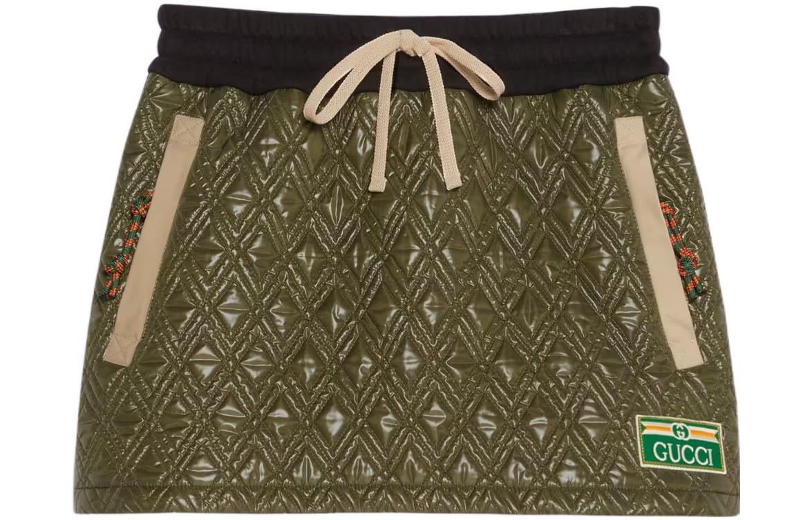 (Women) Gucci FW22 Green Quilted Logo Patch Drawstring Waist Skirt 720595-XJE45-3864