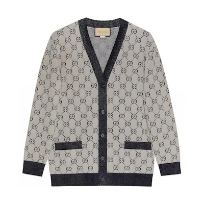 (Women) Gucci FW22 Grey Double G Jacquard V-Neck Knit Cardigan 692727-XKB54-9071