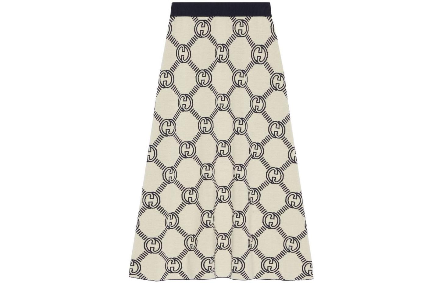 (Women) GUCCI FW22 Logo Jacquard A-Line Midi Skirt Ivory White  Casual Skirt 692700-XKCB2-4492