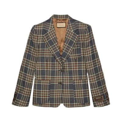 (Women) Gucci FW22 Love Parade Plaid Single-Breasted Jacket Brown 696818-ZAI20-4447