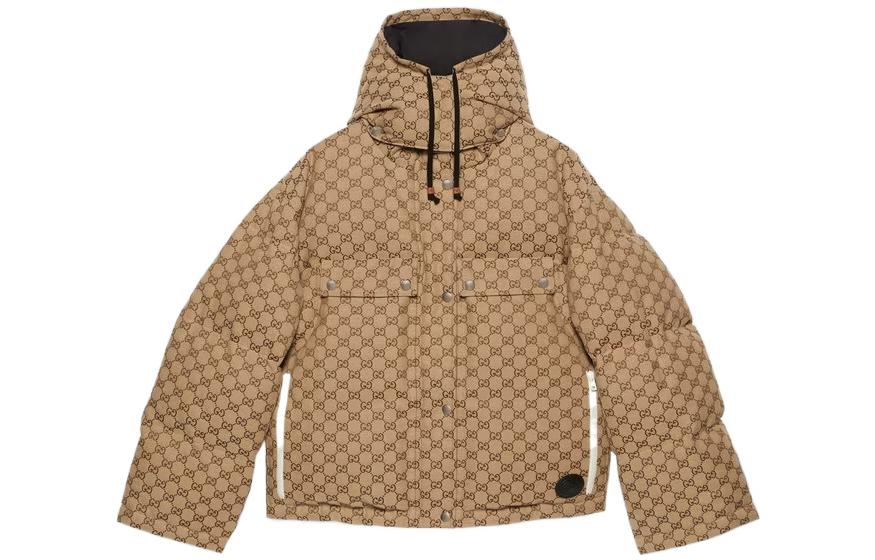 (Women) Gucci FW22 Monogram Drawstring Canvas Long Sleeve Down Jacket Khaki (W) 717558-Z9AAR-2184