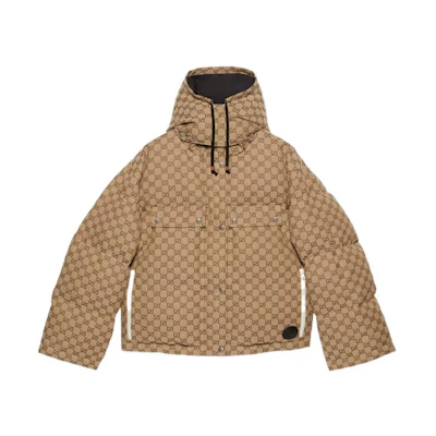 (Women) Gucci FW22 Monogram Drawstring Canvas Long Sleeve Down Jacket Khaki (W) 717558-Z9AAR-2184