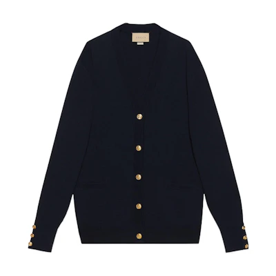 (Women) Gucci FW22 Navy V-Neck Viscose Wool Blend Cardigan 731127-XKCX1-4066
