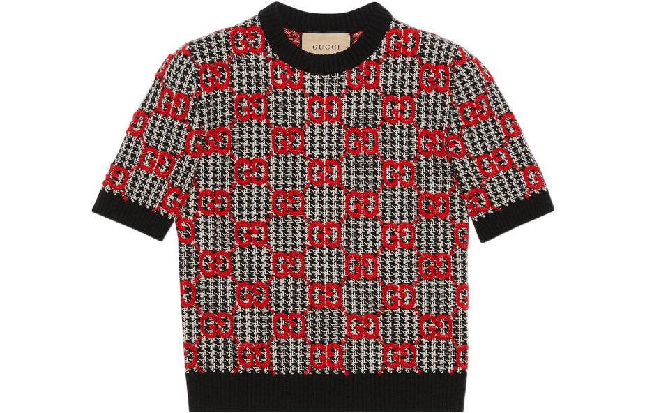 (Women) Gucci FW22 Red Crew-neck Short-sleeve Sweater with Contrast Trim 731007-XKCM8-1040