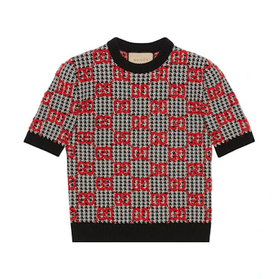 (Women) Gucci FW22 Red Crew-neck Short-sleeve Sweater with Contrast Trim 731007-XKCM8-1040