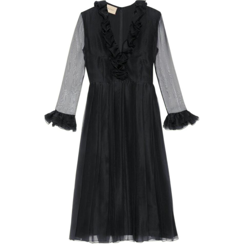 (Women) Gucci FW22 Ruffle Silk Organza Long Sleeve Dress Black 691046-ZHS22-1000