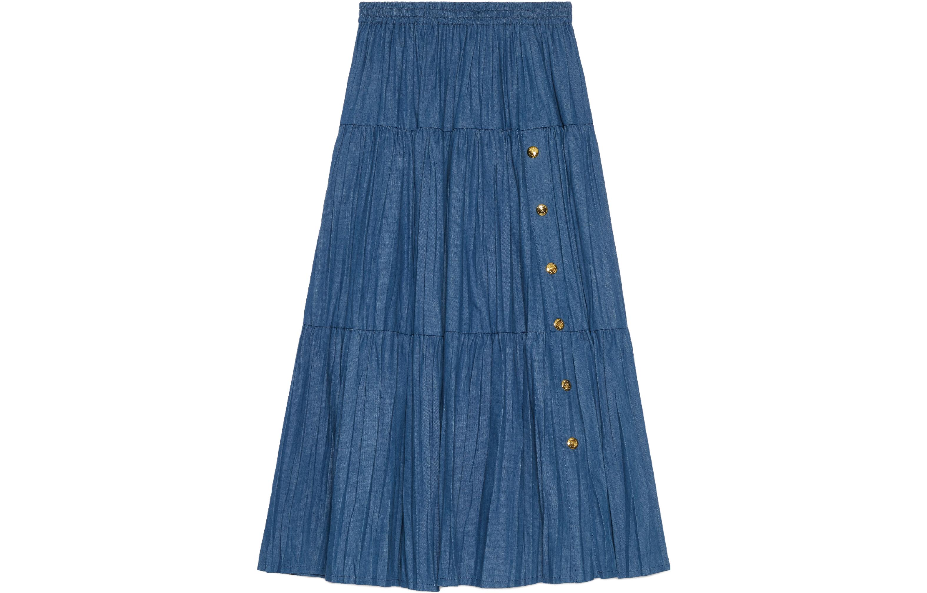 (Women) GUCCI FW23  Blue Wide-Leg Pleated Button Denim Jeans. 748653-XDCNJ-4011