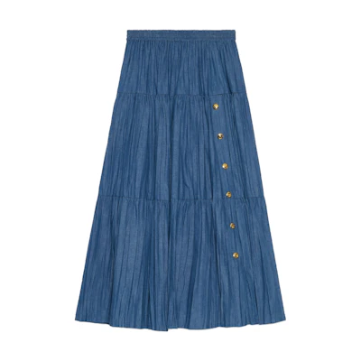 (Women) GUCCI FW23 Blue Wide-Leg Pleated Button Denim Jeans. 748653-XDCNJ-4011