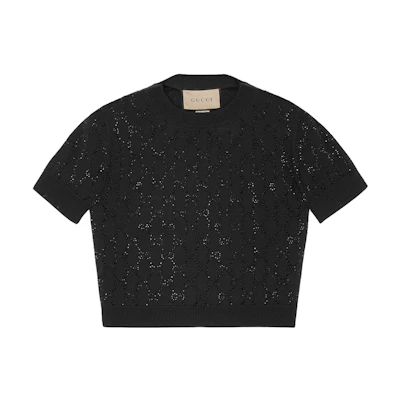 (Women) GUCCI FW23 Diamond Letter Print Knit Pullover in Pearlescent Pink. 748886-XKDBL-6361