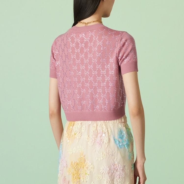 Purchase (Women) GUCCI FW23  Diamond Letter Print Knit Pullover in Pearlescent Pink. 748886-XKDBL-6361