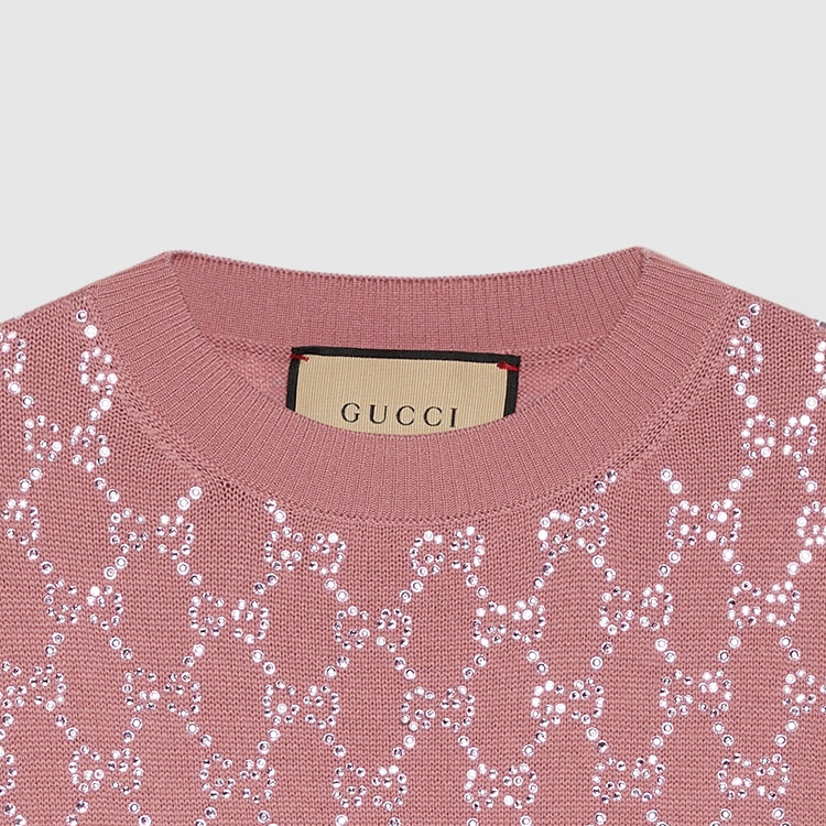 Details for (Women) GUCCI FW23  Diamond Letter Print Knit Pullover in Pearlescent Pink. 748886-XKDBL-6361