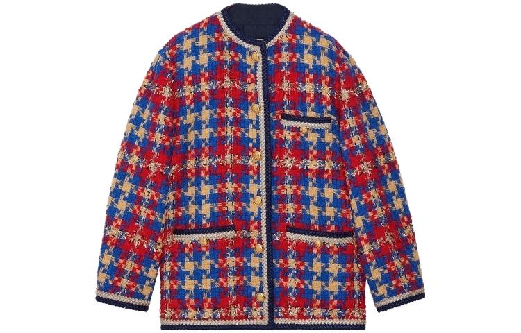 (Women) GUCCI FW23  Wool Coat with Gold-Silver Thread Plaid - Multicolor. 752636-ZANFJ-4447
