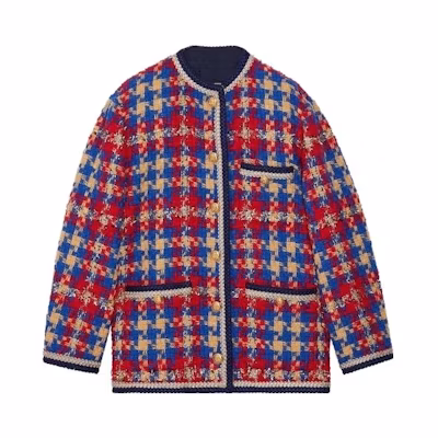 (Women) GUCCI FW23 Wool Coat with Gold-Silver Thread Plaid - Multicolor. 752636-ZANFJ-4447