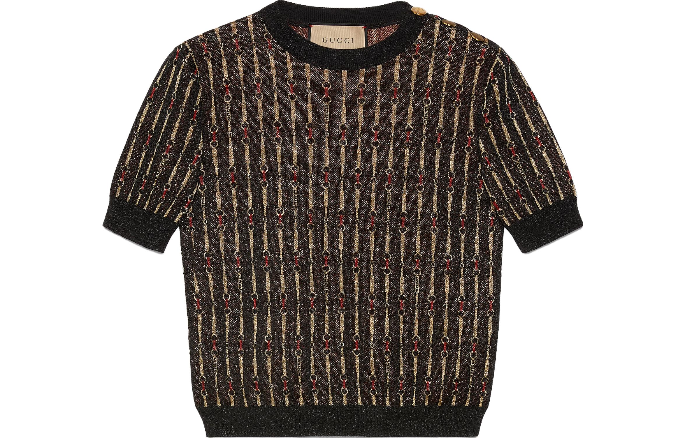 Buy (Women) GUCCI FW23 Black Jacquard Horsebit Knit Short Sleeve Top for Women 766241-XKDMC-1082