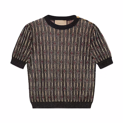 (Women) GUCCI FW23 Black Jacquard Horsebit Knit Short Sleeve Top for Women 766241-XKDMC-1082