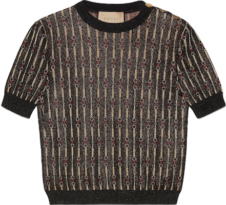 (Women) GUCCI FW23 Black Jacquard Horsebit Knit Short Sleeve Top for Women 766241-XKDMC-1082 Order (Women) GUCCI FW23 Black Jacquard Horsebit Knit Short Sleeve Top for Women 766241-XKDMC-1082