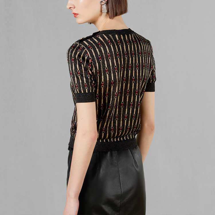 Shop (Women) GUCCI FW23 Black Jacquard Horsebit Knit Short Sleeve Top for Women 766241-XKDMC-1082