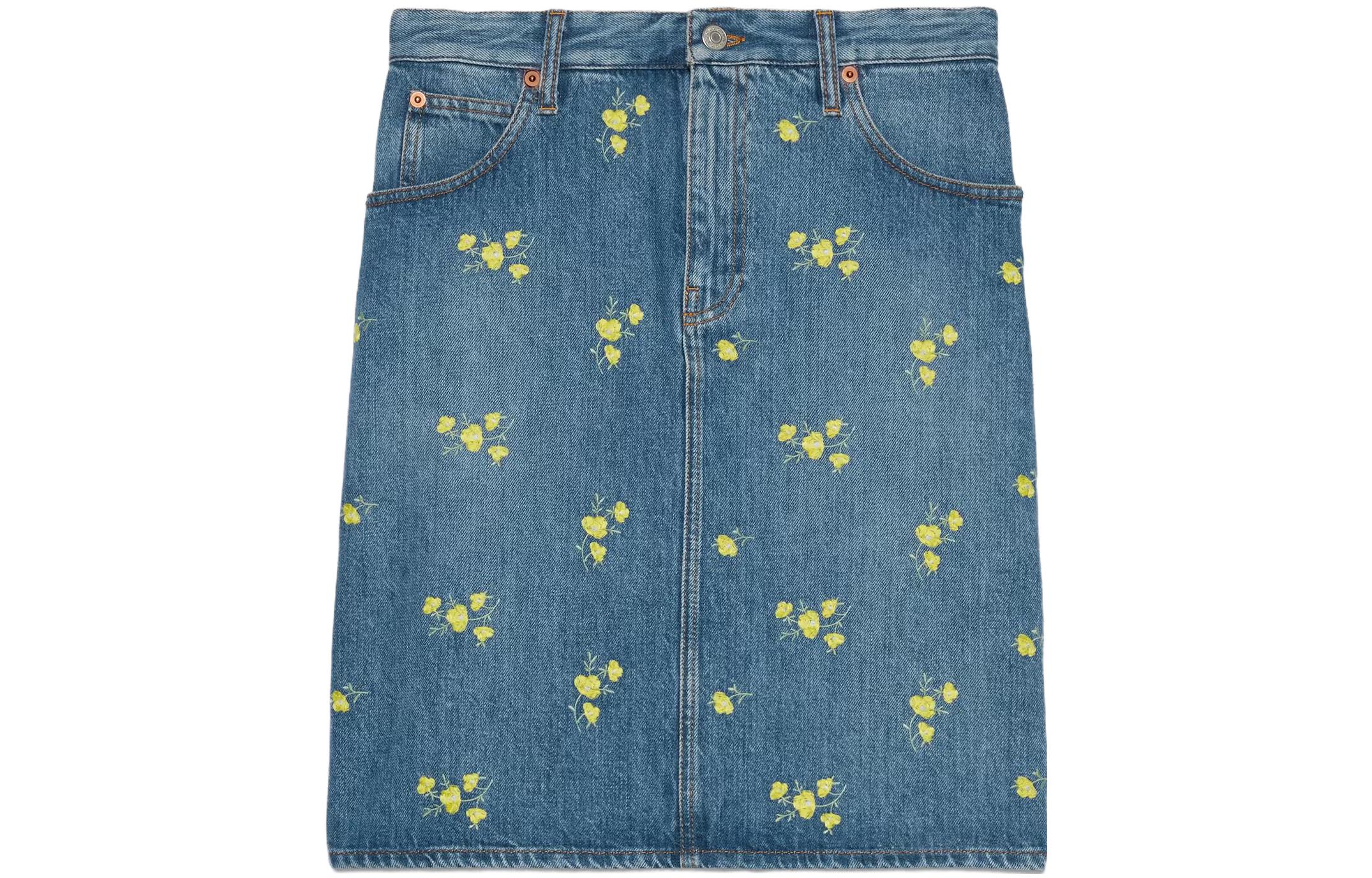 (Women) Gucci FW23 Blue Mid-Rise Straight Cut Denim Skirt with Botanical Embroidery 764341-XDCPY-4447