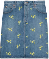 (Women) Gucci FW23 Blue Mid-Rise Straight Cut Denim Skirt with Botanical Embroidery 764341-XDCPY-4447 (Women) Gucci FW23 Blue Mid-Rise Straight Cut Denim Skirt with Botanical Embroidery 764341-XDCPY-4447