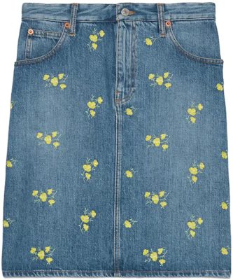 (Women) Gucci FW23 Blue Mid-Rise Straight Cut Denim Skirt with Botanical Embroidery 764341-XDCPY-4447 Buy (Women) Gucci FW23 Blue Mid-Rise Straight Cut Denim Skirt with Botanical Embroidery 764341-XDCPY-4447