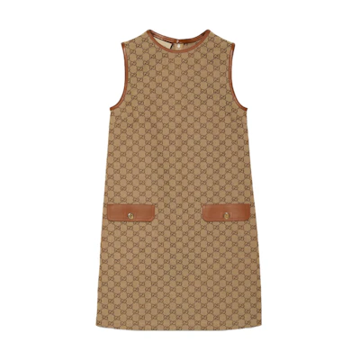 (Women) Gucci FW23 Brown Logo Diamond Print Zip Sleeveless Casual Dress 744121-Z8BII-2184