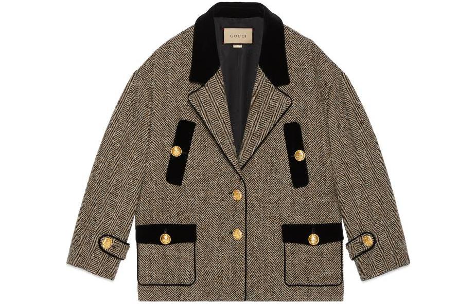 (Women) Gucci FW23 Herringbone Wool Single-Breasted Long Coat Brown 752364-ZANQ2-1214