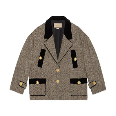 (Women) Gucci FW23 Herringbone Wool Single-Breasted Long Coat Brown 752364-ZANQ2-1214