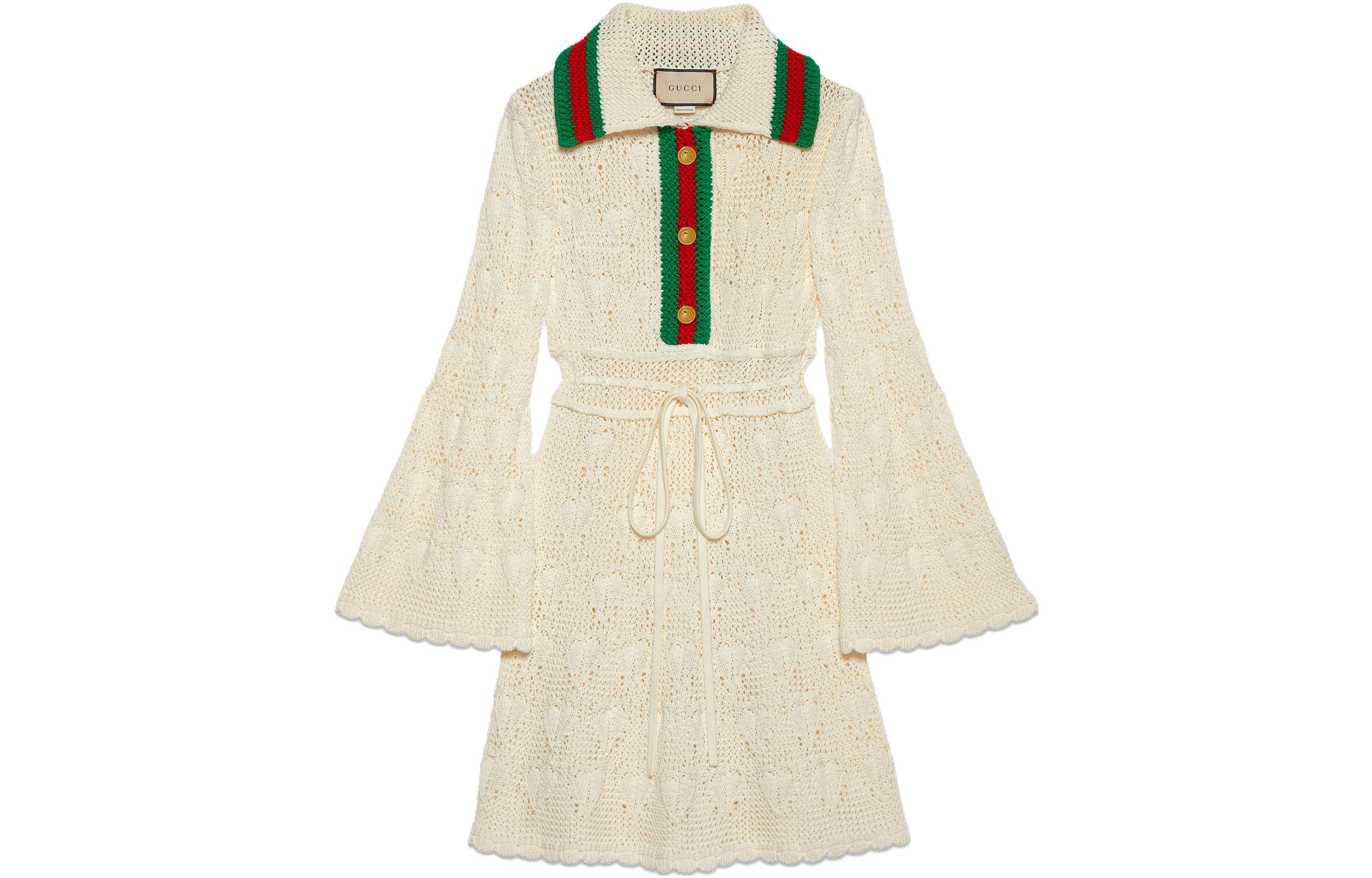 (Women) Gucci FW23 Ivory Long Sleeve Dress with Striped Trim for Women 745849-XKDFU-9657