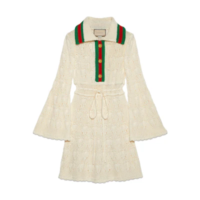 (Women) Gucci FW23 Ivory Long Sleeve Dress with Striped Trim for Women 745849-XKDFU-9657
