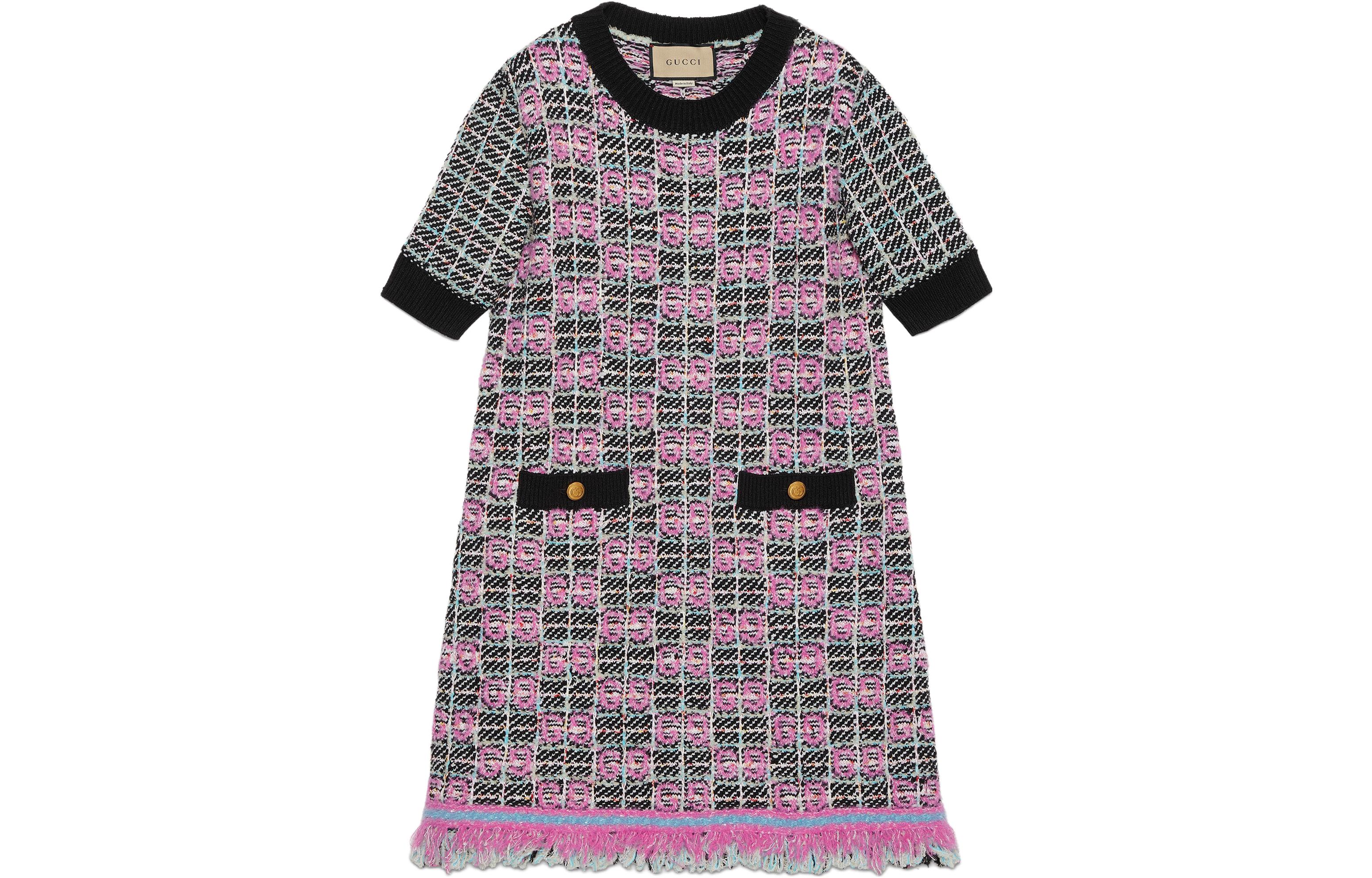 (Women) Gucci FW23 Logo Pattern Jacquard Mid-length Short Sleeve Dress Women Multicolor 754639-XKDCZ-1137