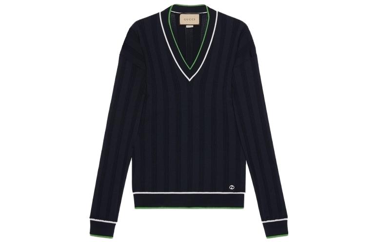(Women) Gucci FW23 Multicolor Stripe V-Neck Long Sleeve Knit Sweater Navy 753782-XKDBJ-4330
