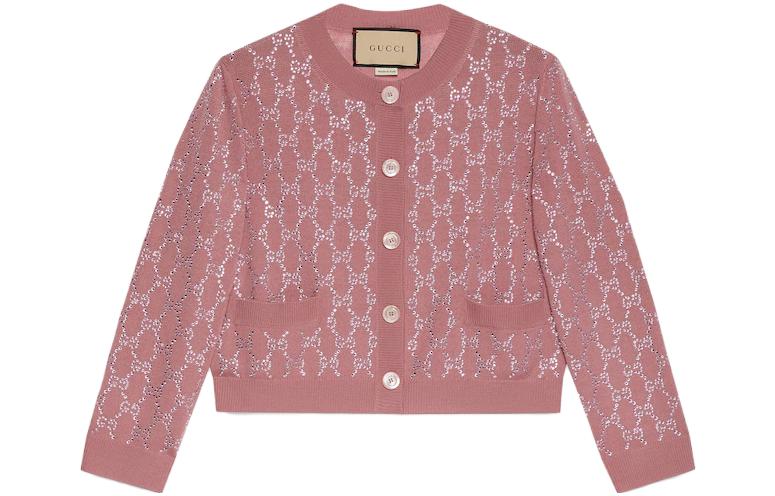 (Women) Gucci FW23 Pink Logo Print Crewneck Knit Cardigan 748884-XKDBL-6361