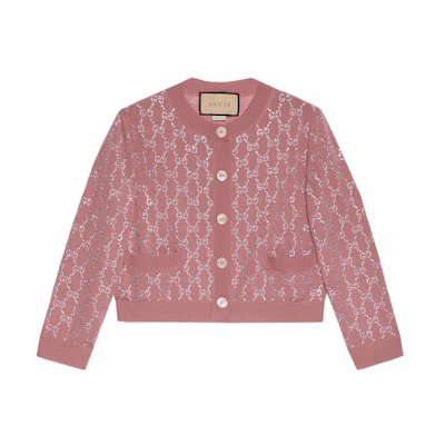 (Women) Gucci FW23 Pink Logo Print Crewneck Knit Cardigan 748884-XKDBL-6361