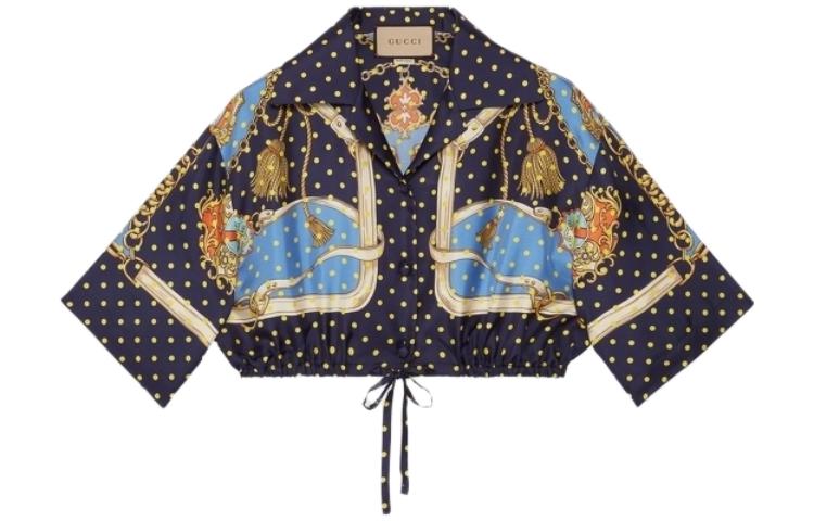 (Women) GUCCI FW23 Polka Dot Print Cuban Collar Short Sleeve Shirt Women Blue 744796-ZANUR-4717