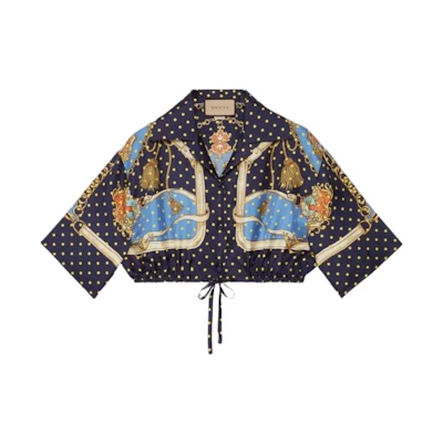 (Women) GUCCI FW23 Polka Dot Print Cuban Collar Short Sleeve Shirt Women Blue 744796-ZANUR-4717