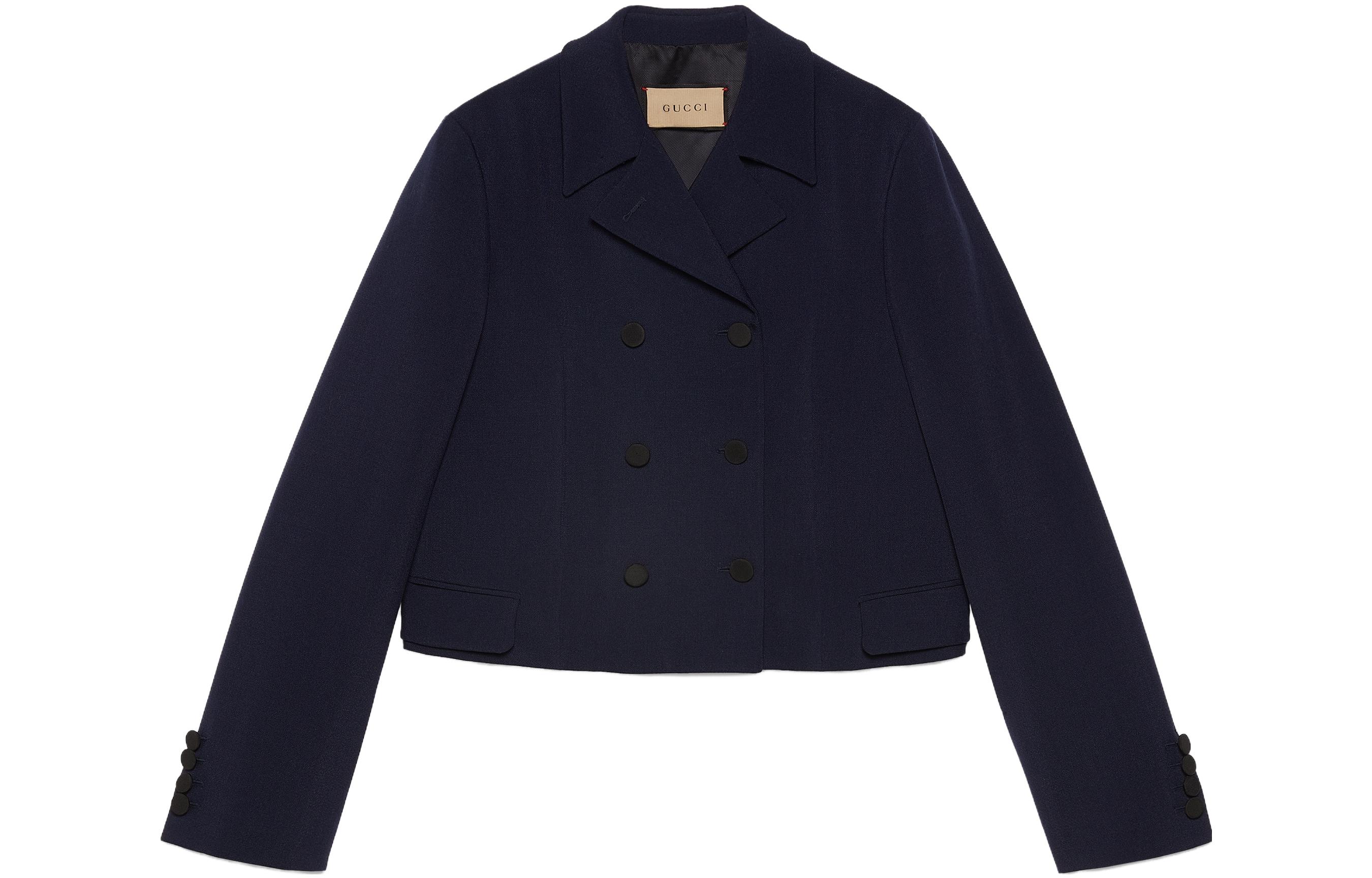 (Women) Gucci FW23 Solid Double-Breasted Long Sleeve Jacket Navy Blue 759569-ZAFAP-4816