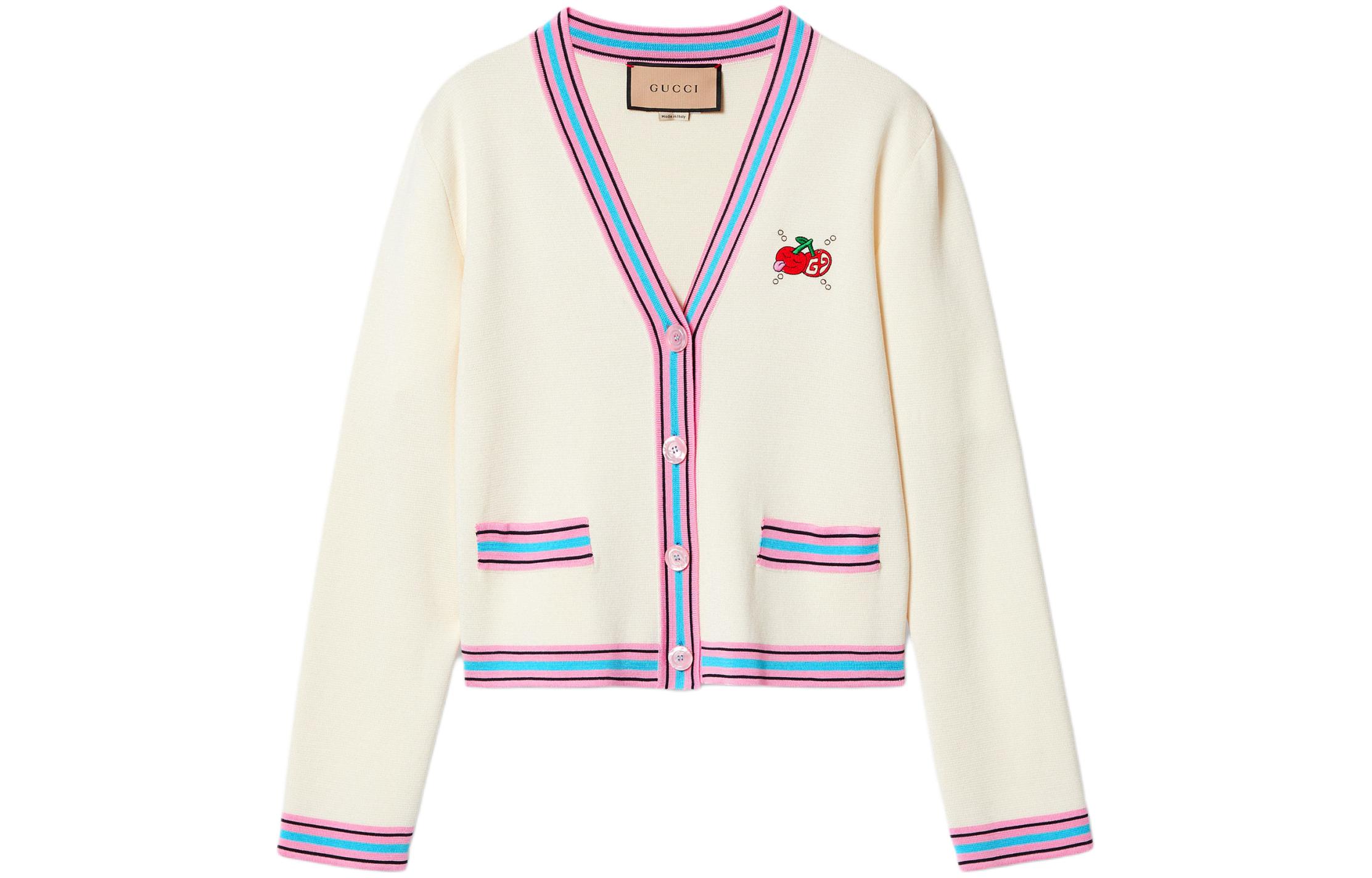 Buy (W) GUCCI FW24 象牙色條紋櫻桃刺繡V領針織開衫. 782253-XKD0H-9142