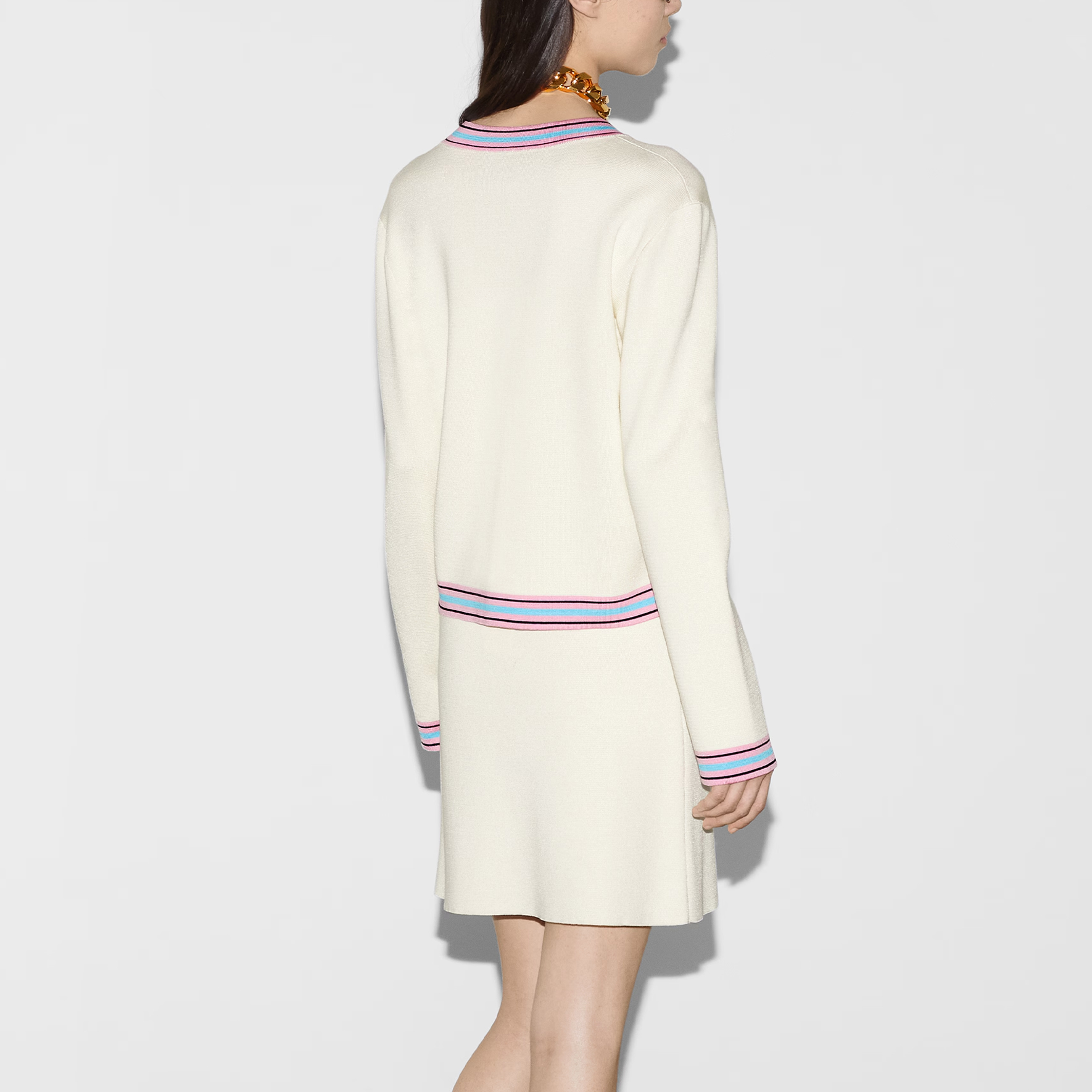 Shop (W) GUCCI FW24 象牙色條紋櫻桃刺繡V領針織開衫. 782253-XKD0H-9142