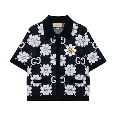 (Women) Gucci FW24 Black Knit Top with Floral Embroidery Pointed Collar 782223-XKDZ2-1080